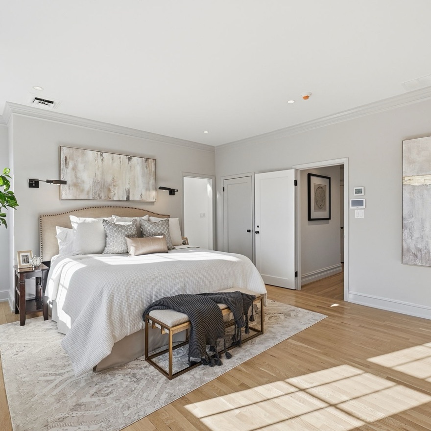 Staged primary bedroom, Oxford Street, Chevy Chase