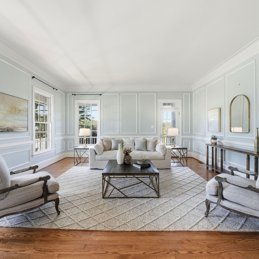 Staged living room, Beach Mill Road, Great Falls