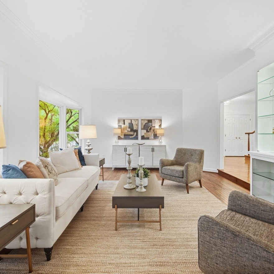 Staged living room, Royal Dominion, Bethesda